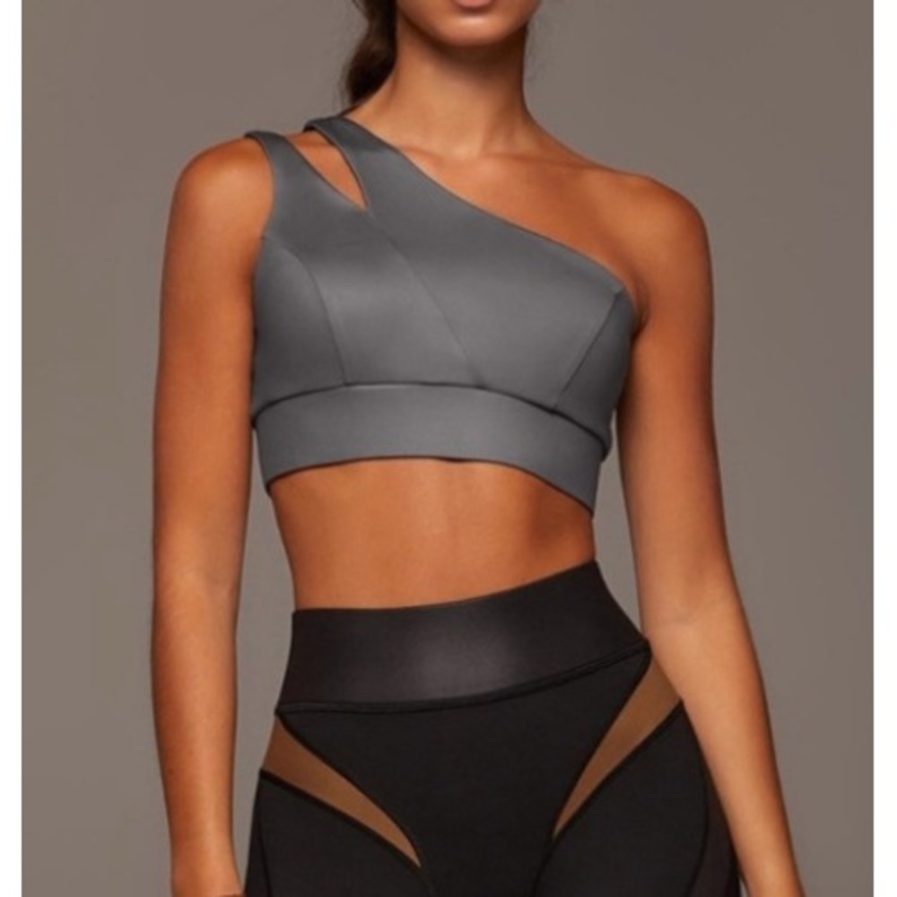 Michi Tigress Gloss Longline One Shoulder Sports Bra Gunmetal XS